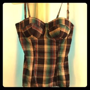 Corset style plaid tank in teal/blue multicolor